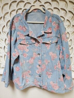 Pink Rose Floral Light Blue Denim Jacket NWOT Size 4XL